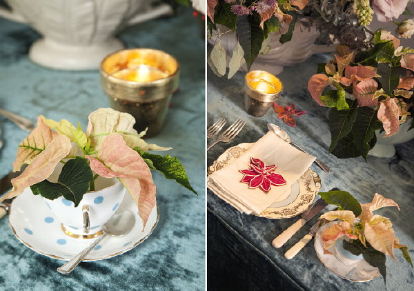 Kerstster & Kersttafel Decoratie Trend: Romantiek & Pastel! Zalmkleurige Kerststerren in Engelse Theekopjes en Guirlandes aan de Stoelen geven een natuurlijke Touch aan de Romantisch Gedekte Kersttafel (Foto Stars for Europe)